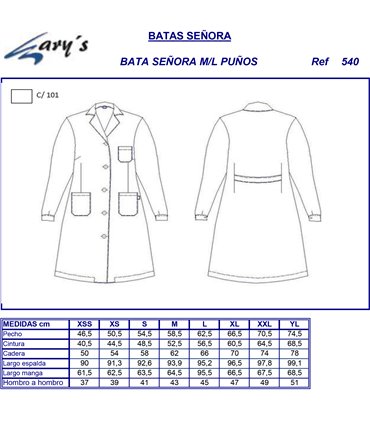 Bata sanitaria mujer 540. Manga larga.